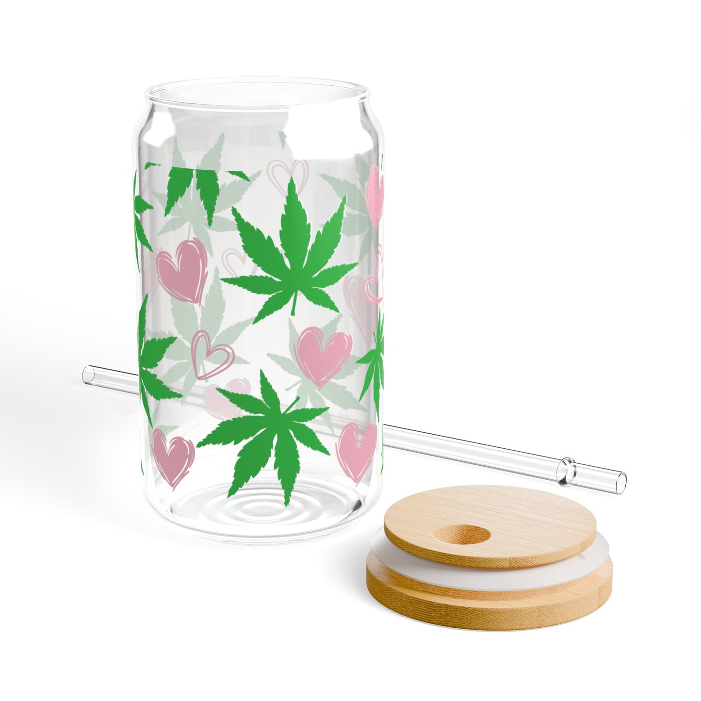 16oz Glass Sipper Tumbler — Green Cannabis Leaf & Pink Hearts Straw Cup