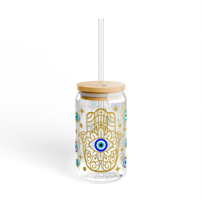 Evil Eye Hamsa Sipper Glass — 16oz Tumbler with Straw (Protective Boho Drinkware)