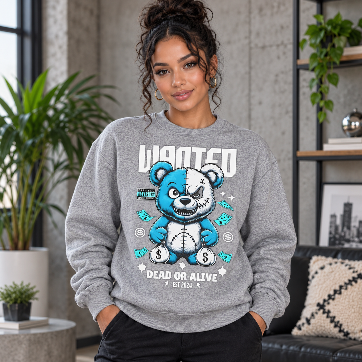 Wanted Dead or Alive Bear Graphic Apparel women's crewneck mockup