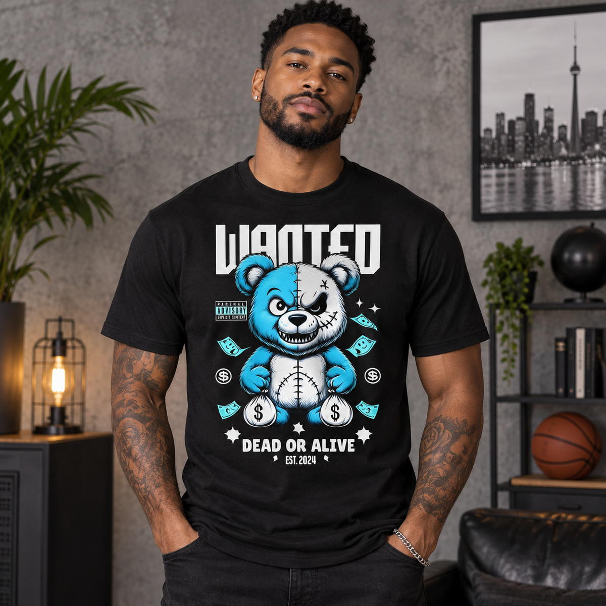 Wanted Dead or Alive Bear Graphic Apparel men's T-shirt mockup