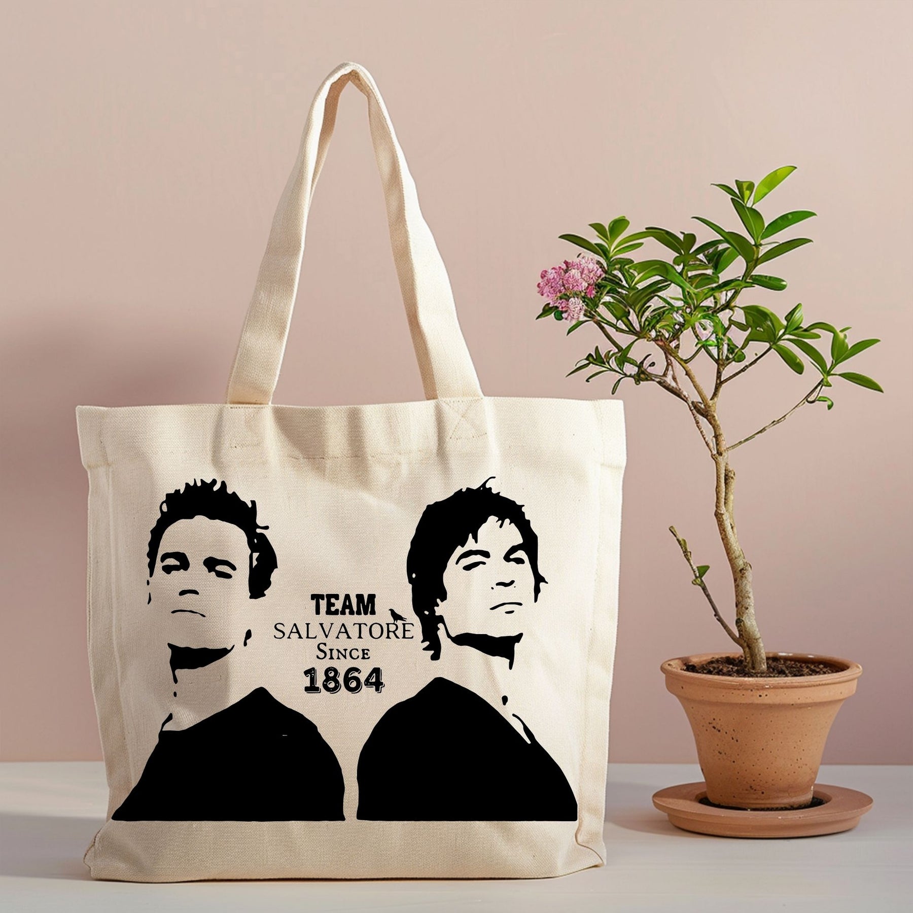 Vampire Brothers Since 1864 canvas tote with monochrome design
