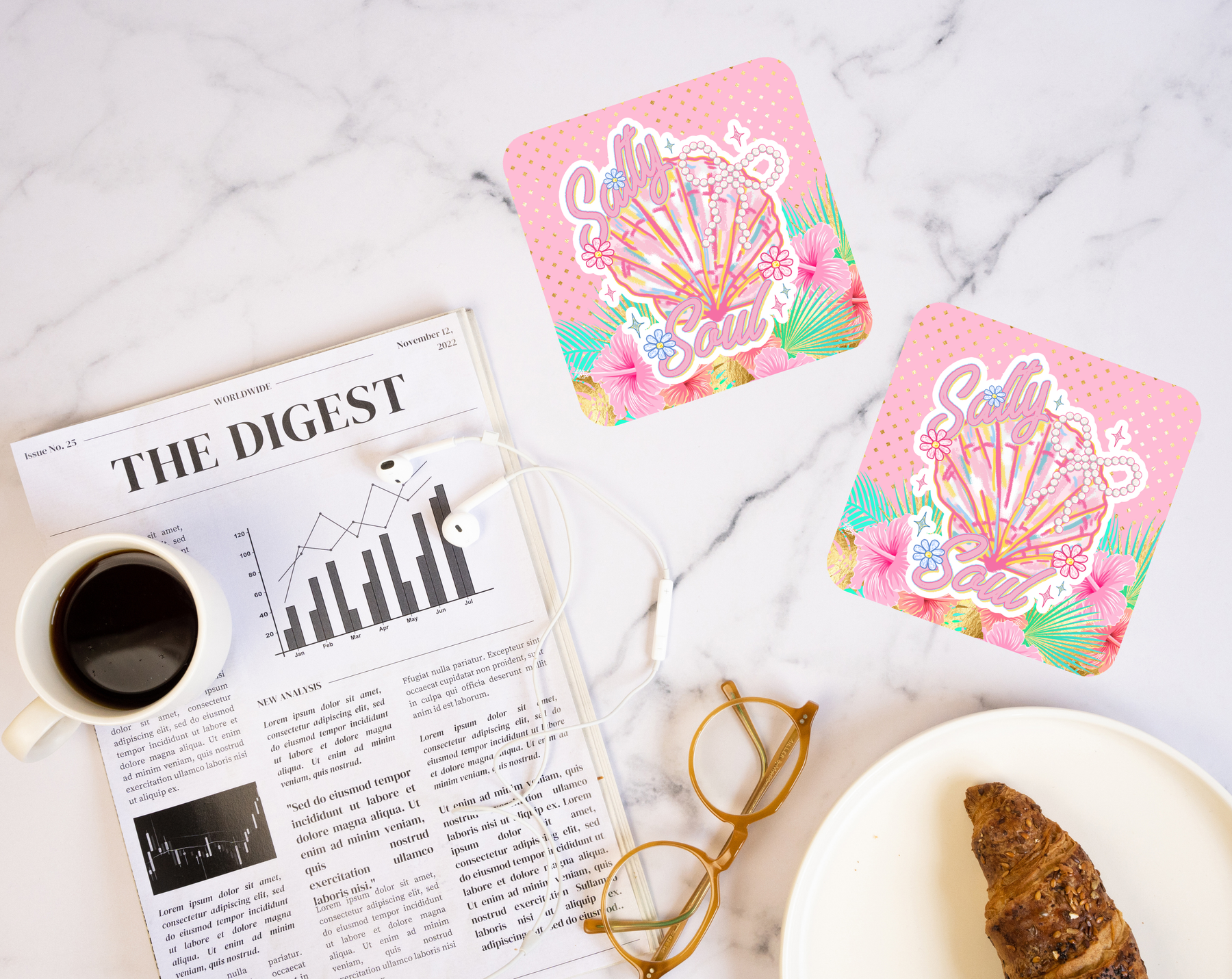 Salty Soul seashell coaster with pink coastal design