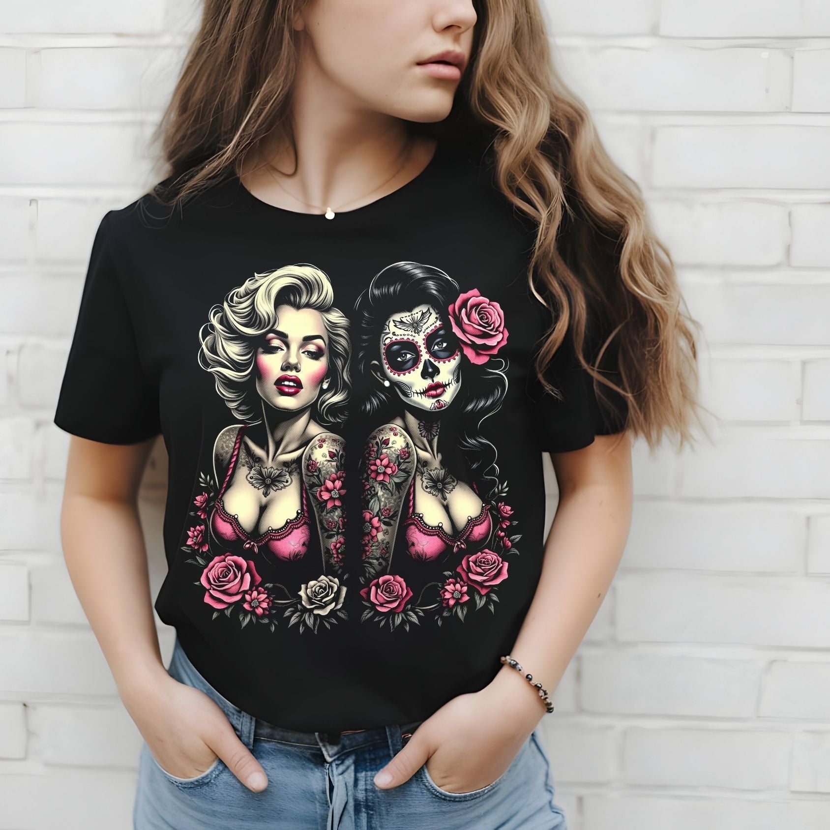 Sugar Skull Sisters T-Shirt – Floral Gothic Tattoo Graphic Tee