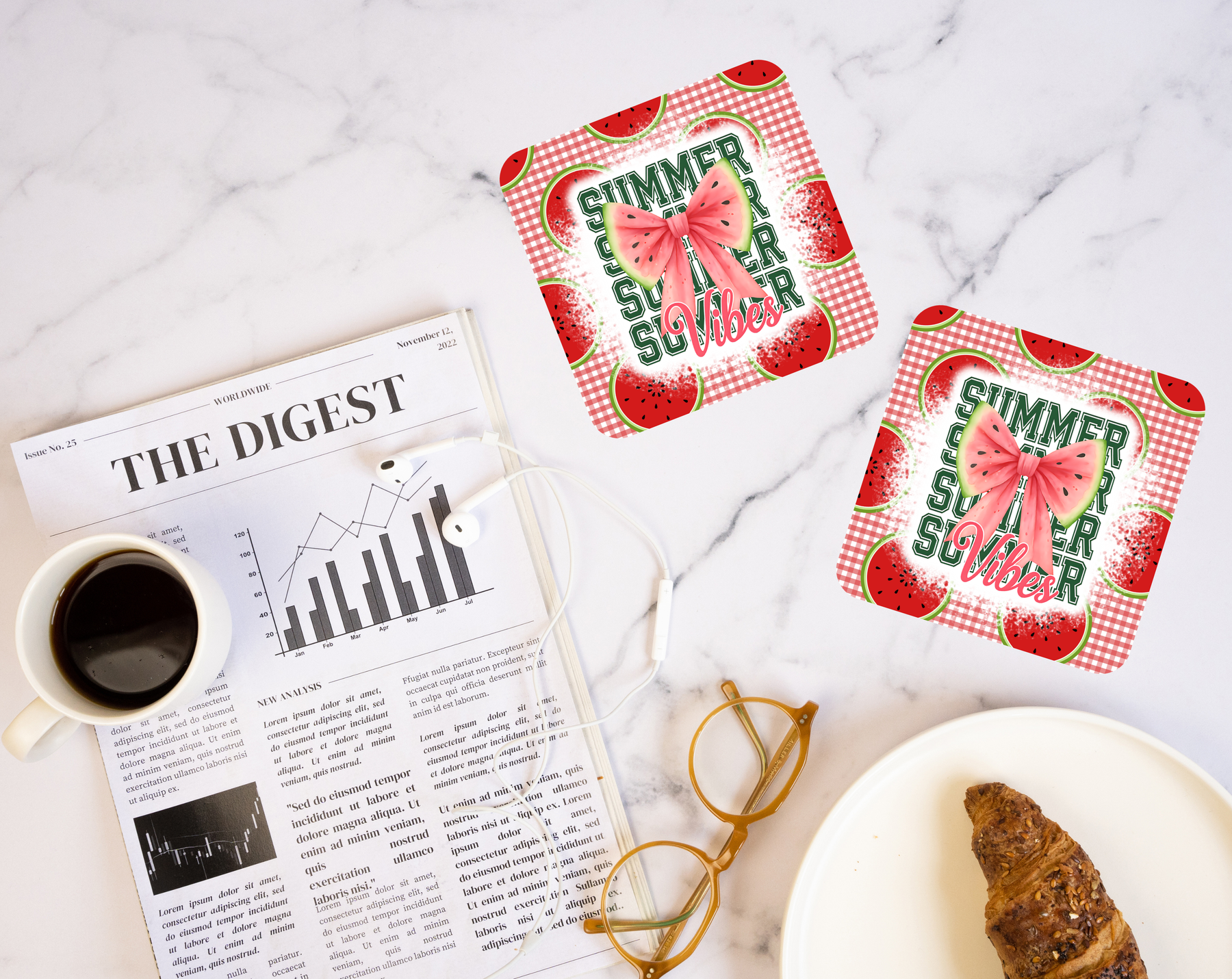 Watermelon Bow Gingham coaster with summer cottagecore design