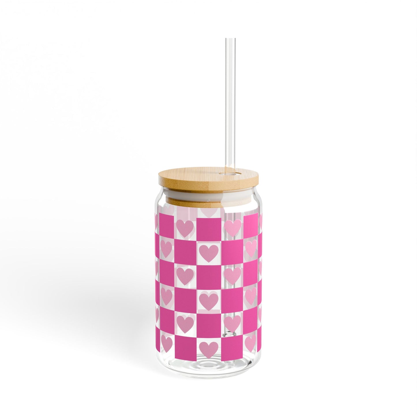 16oz Heart Checker Sipper Glass — Pink Plaid Drink Tumbler with Straw