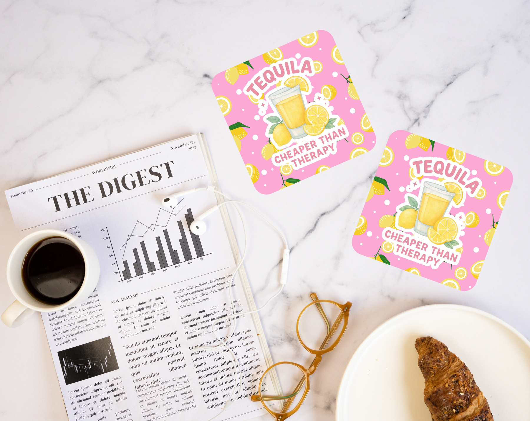 Tequila Cheaper Than Therapy lemon coaster with pink bar design