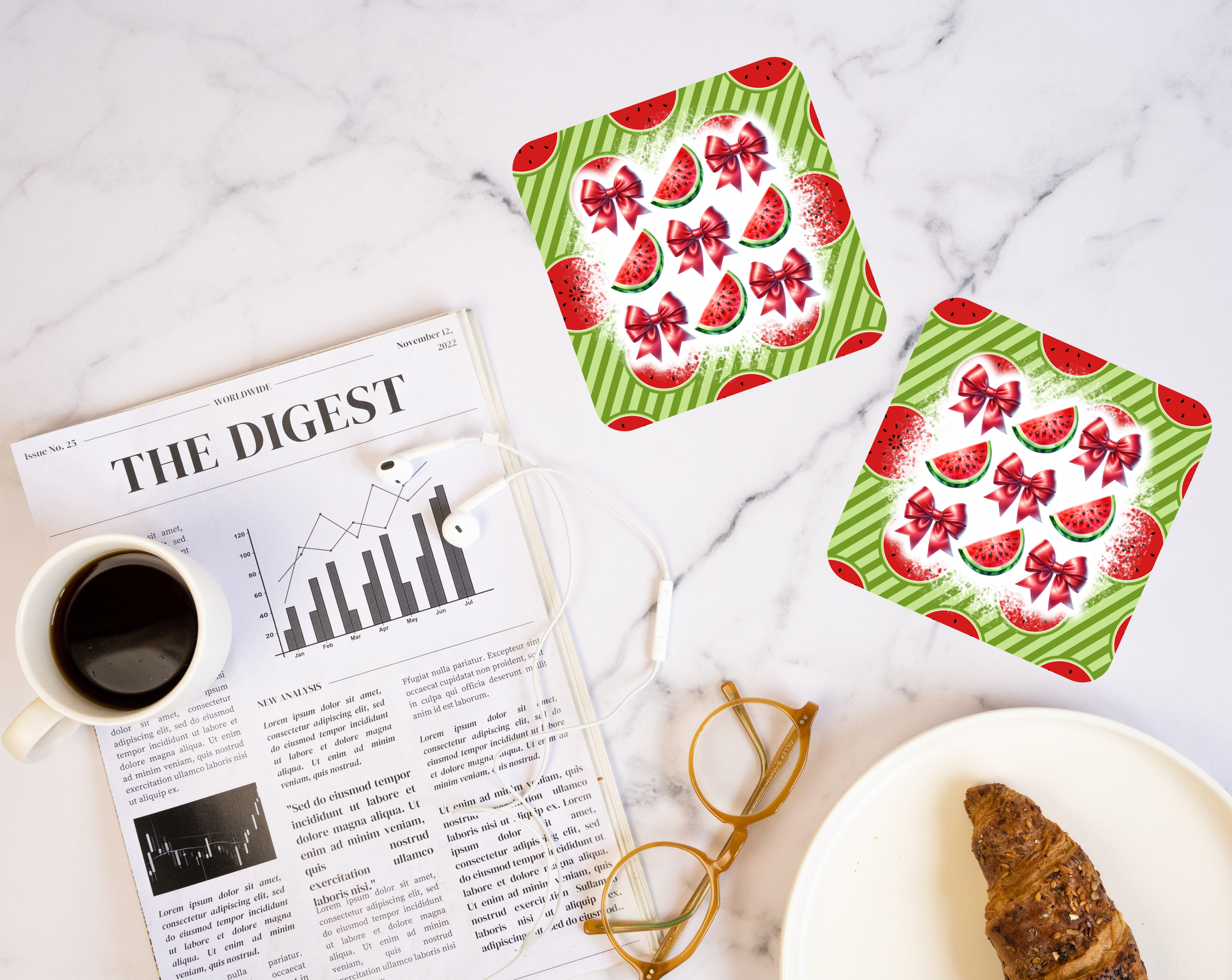 Watermelon & Bows coaster with retro summer design