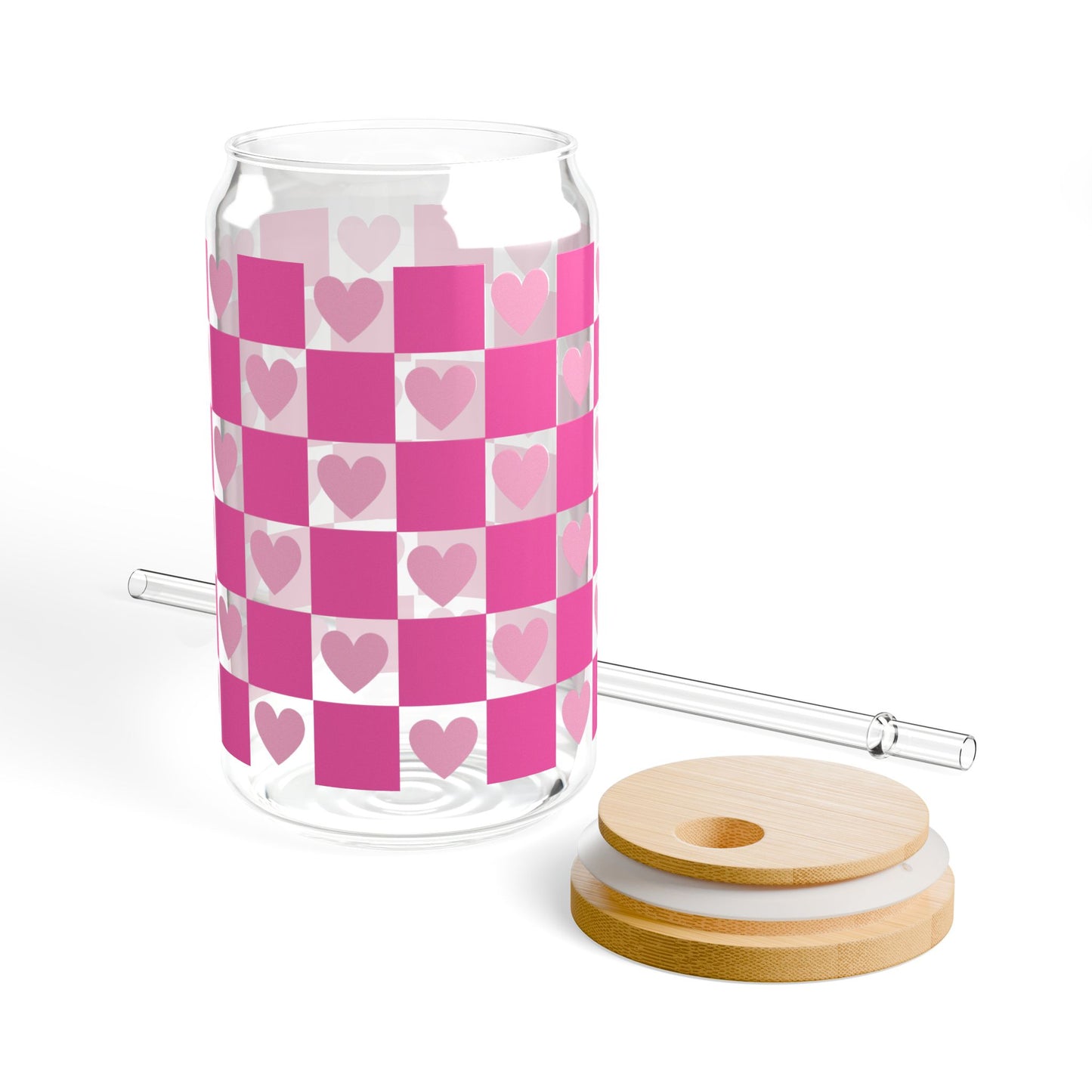 16oz Heart Checker Sipper Glass — Pink Plaid Drink Tumbler with Straw