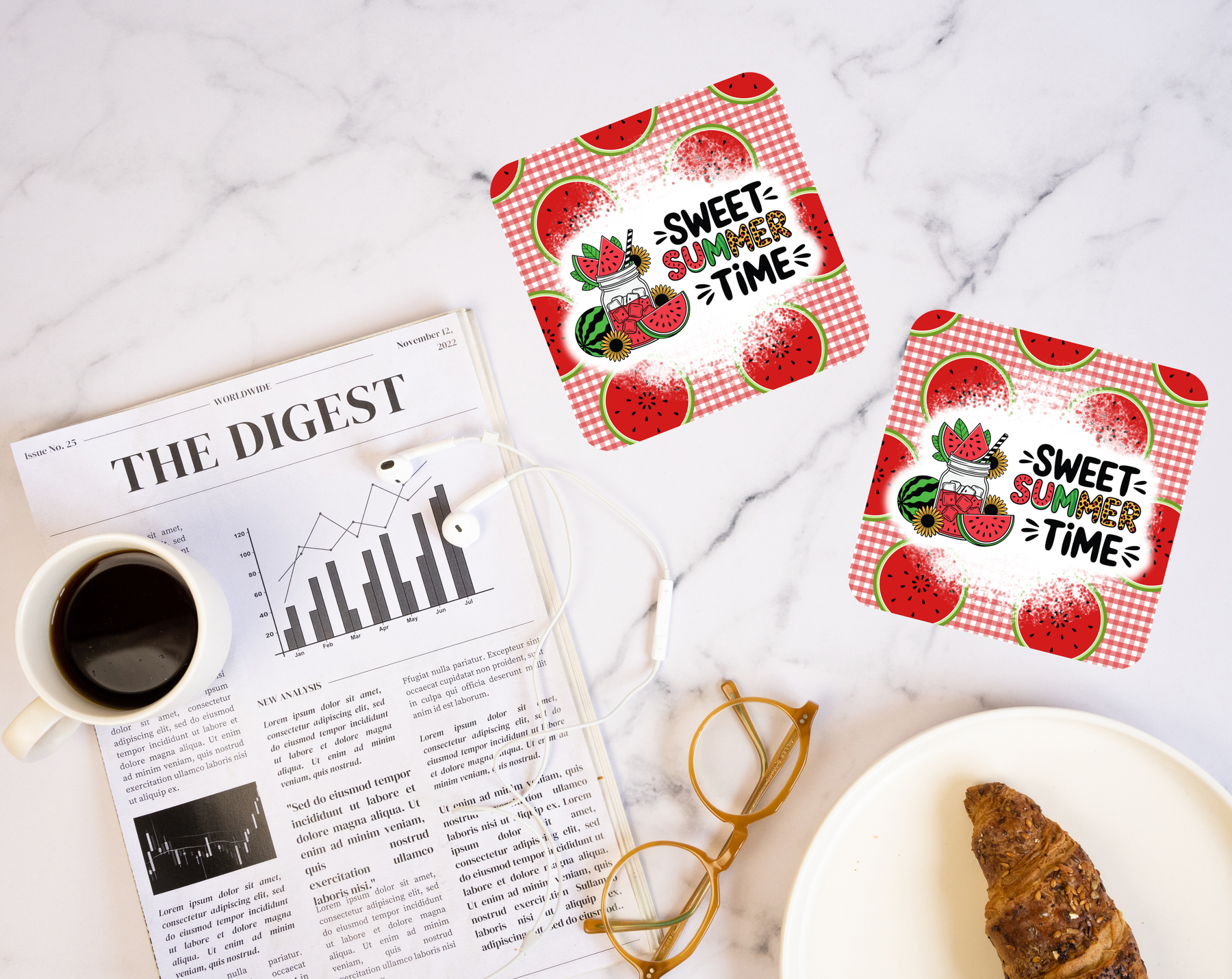 Sweet Summer Time watermelon coaster with picnic gingham design