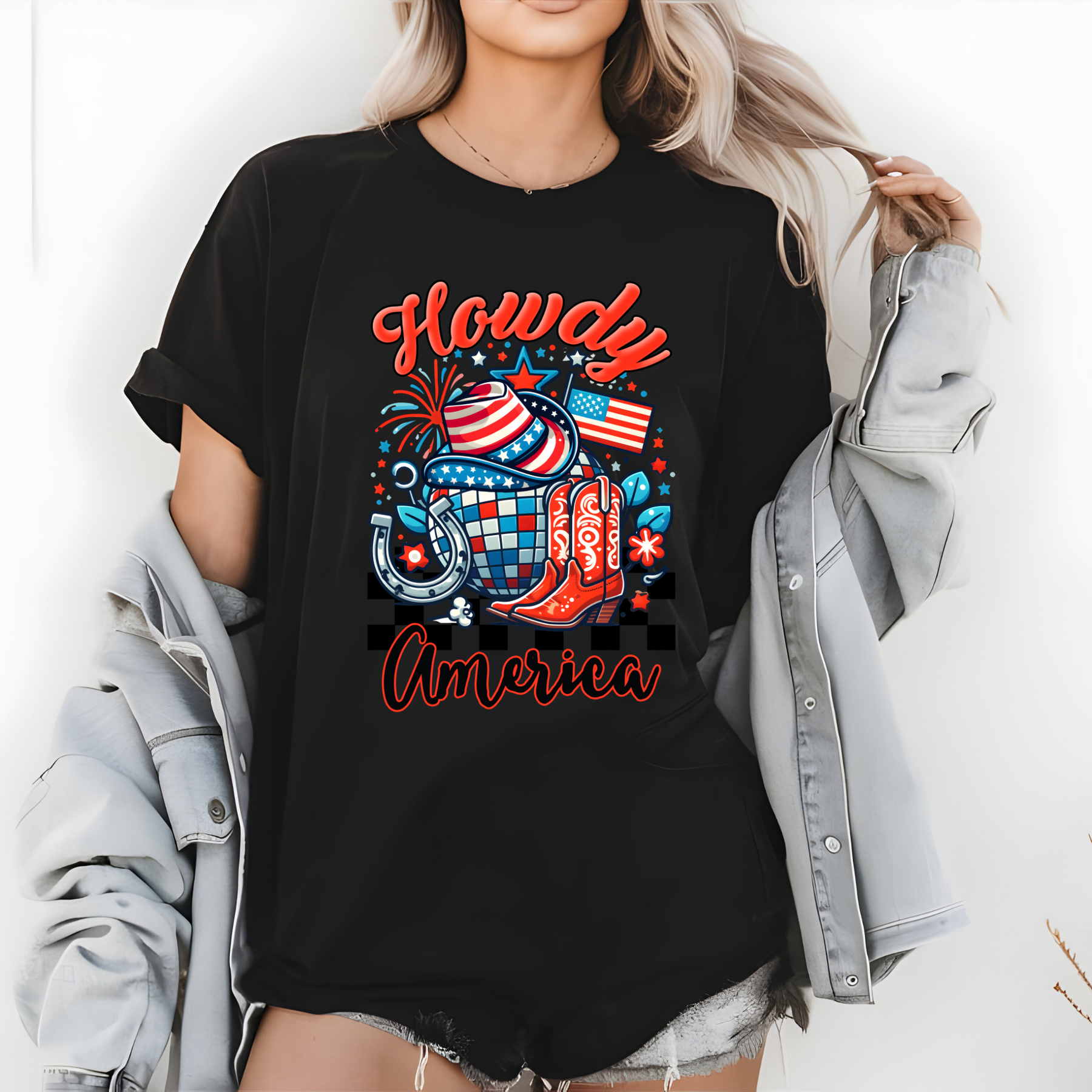 Howdy America Patriotic Western Graphic T-Shirt | Cowboy Boots USA Fourth of July Tee