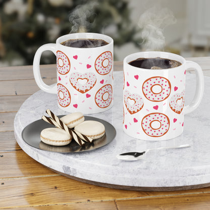 Donut Hearts Ceramic Mug — Cute Pink Sprinkles Coffee & Tea Cup (11oz/15oz)
