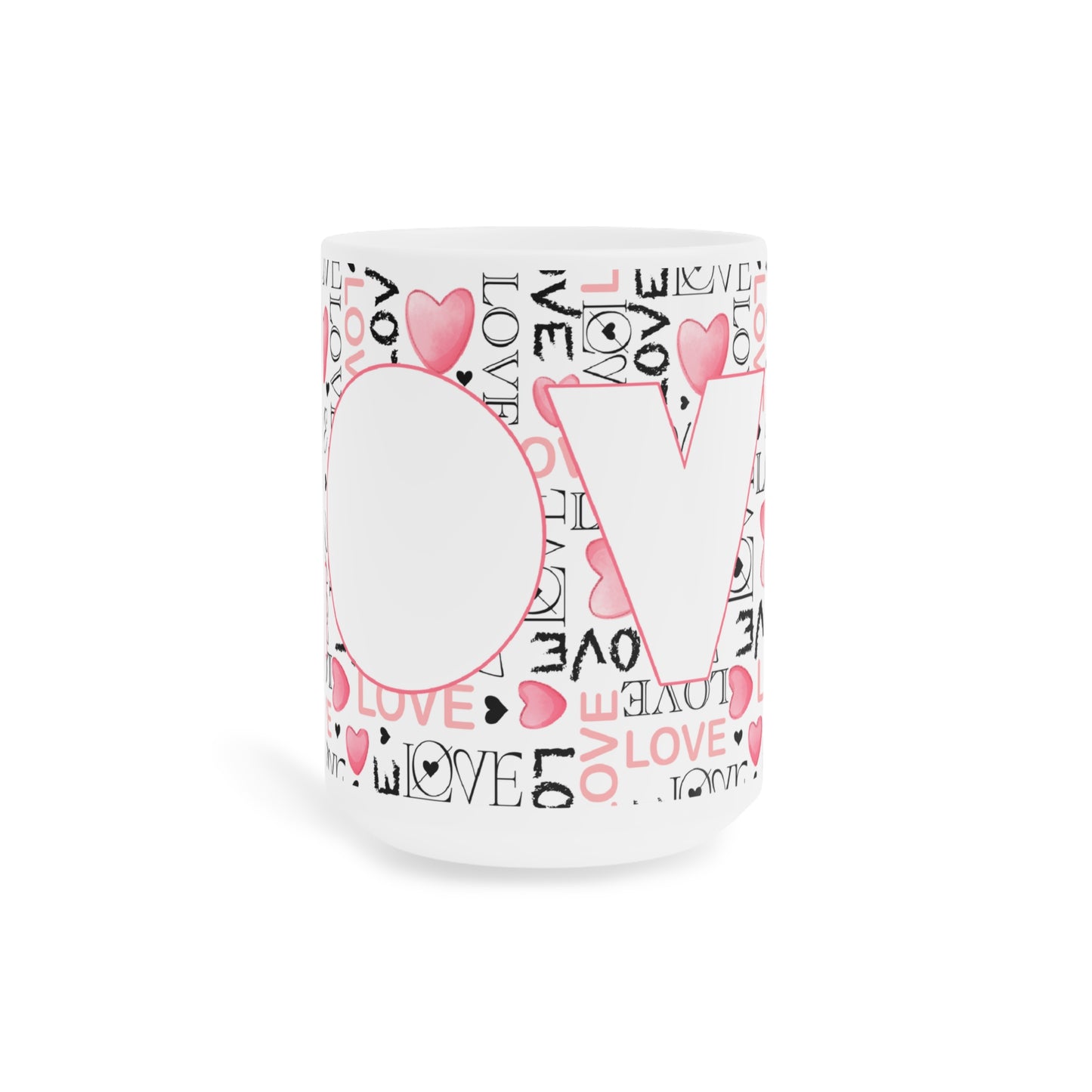 LOVE Pattern Ceramic Mug — Pink Heart Typography Coffee Cup