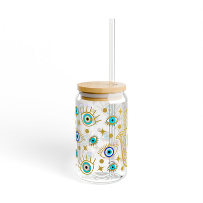 Evil Eye Hamsa Sipper Glass — 16oz Tumbler with Straw (Protective Boho Drinkware)