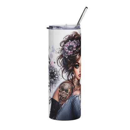 Gothic Floral Girl Tattoo Design, "Don't Mess With Me" Travel Cup