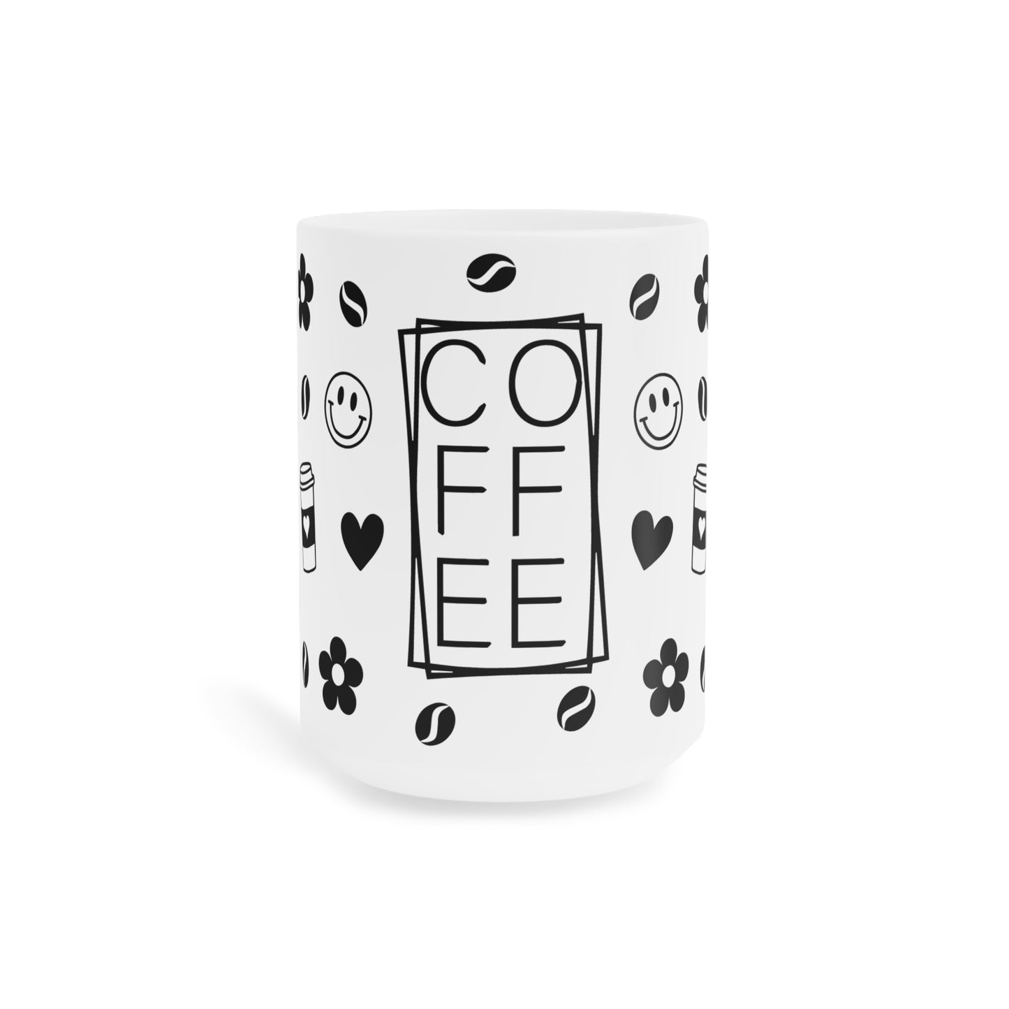 Coffee Pattern Ceramic Mug — Black & White Coffee Cups, Beans, Smiley and Flower Design (11/15oz)