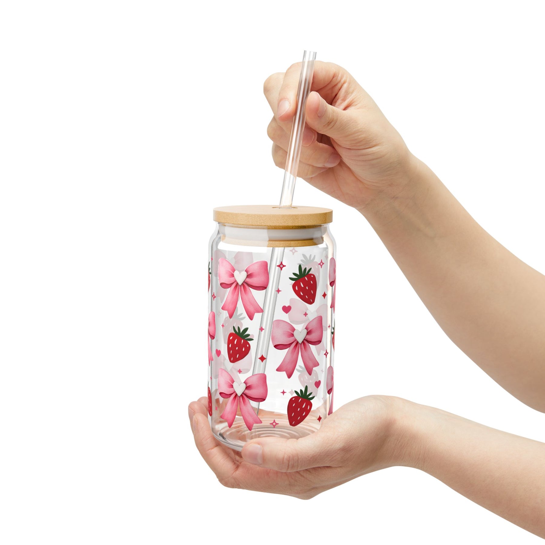 Pink Bows & Strawberries 16oz glass can design detail