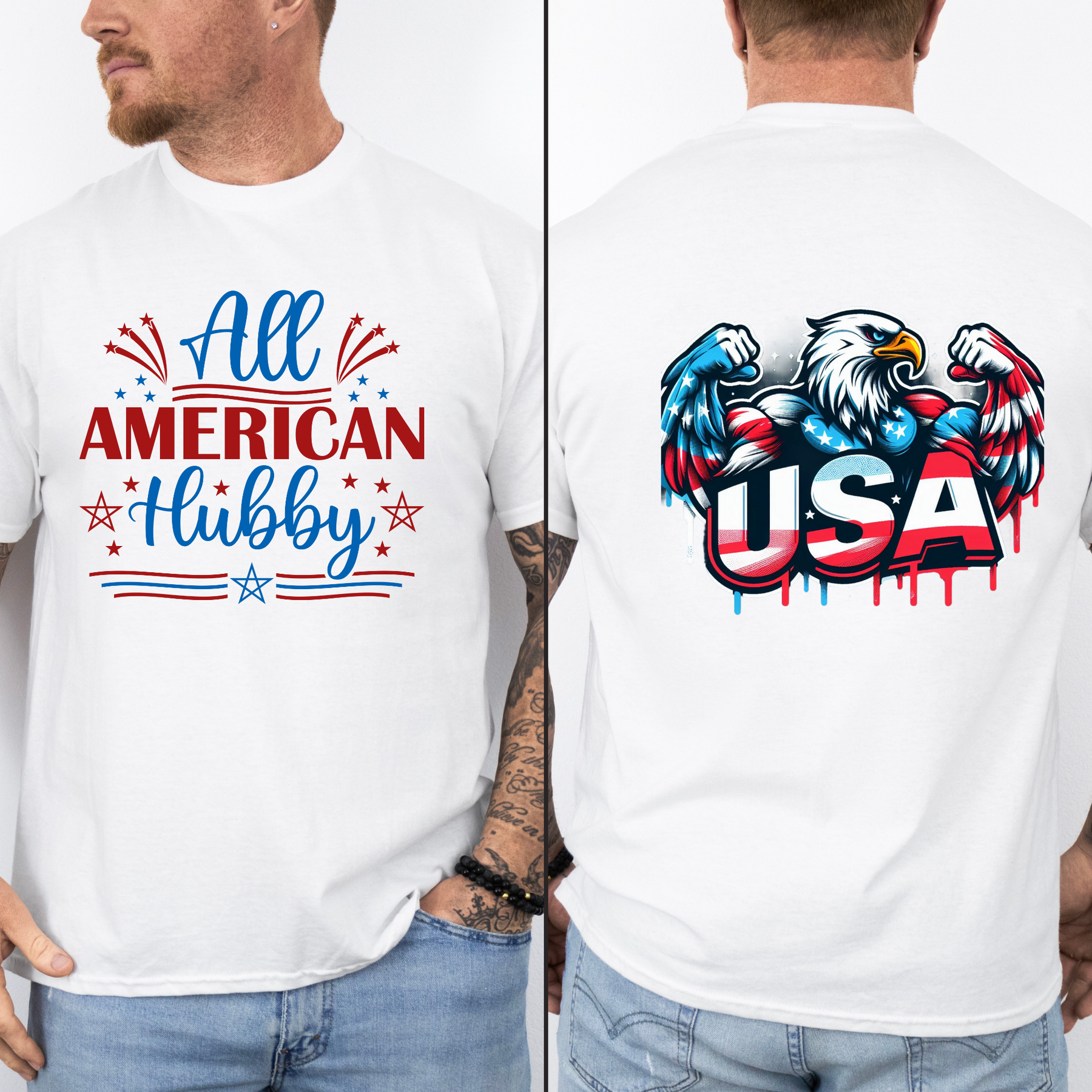 All American Hubby Patriotic T-Shirt | Front & Back Eagle Graphic Unisex Tee
