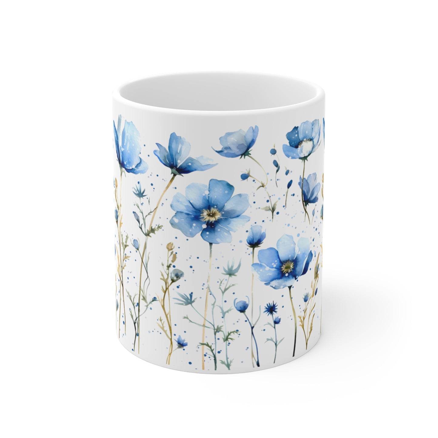 Blue Watercolor Wildflower Ceramic Mug - Floral Coffee Tea Cup (11/15oz)