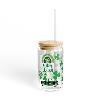 St. Patrick's Day 16oz Sipper Glass — "Feeling Lucky" Shamrock Drink Jar