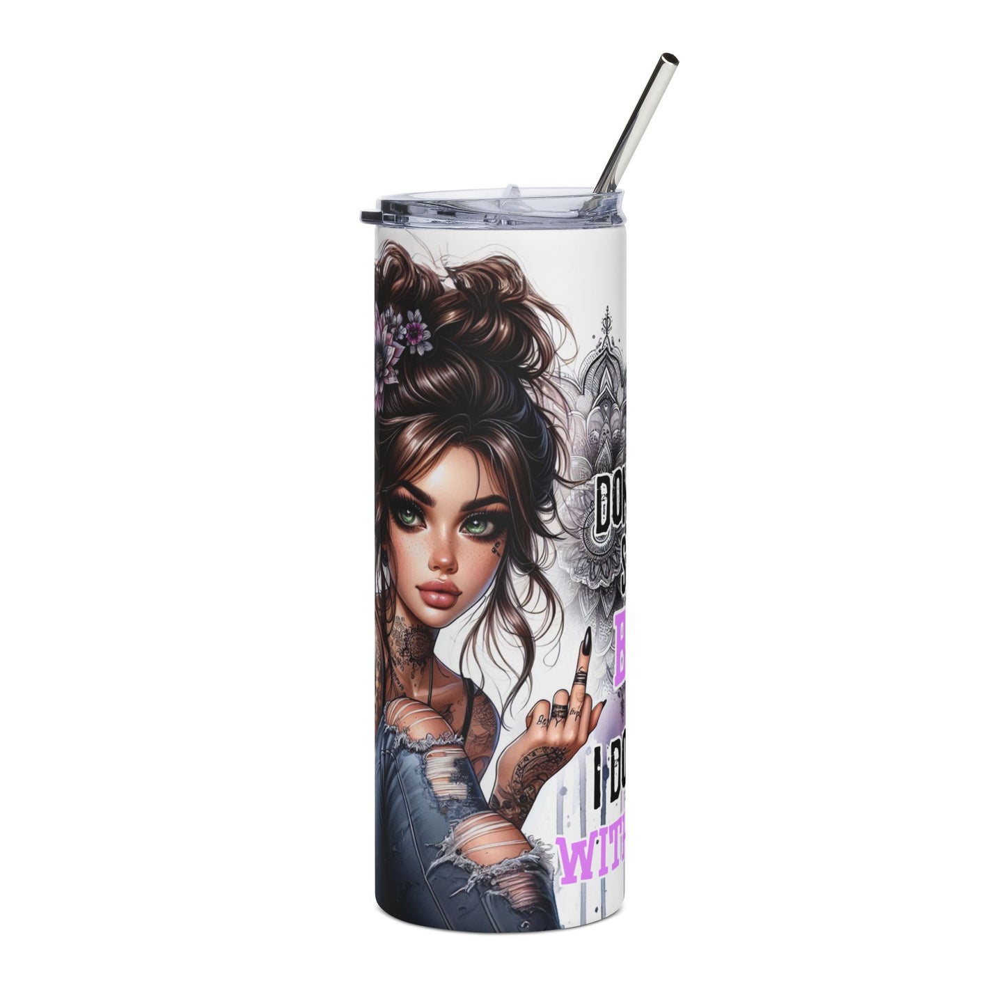 Gothic Floral Girl Tattoo Design, "Don't Mess With Me" Travel Cup