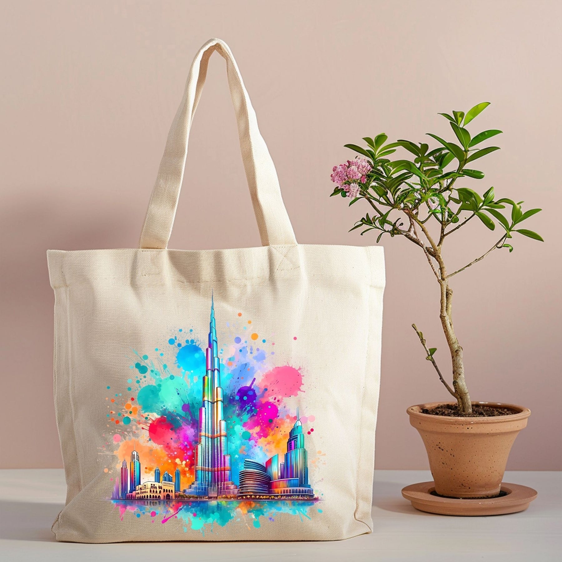 Dubai skyline watercolor canvas tote featuring Burj Khalifa
