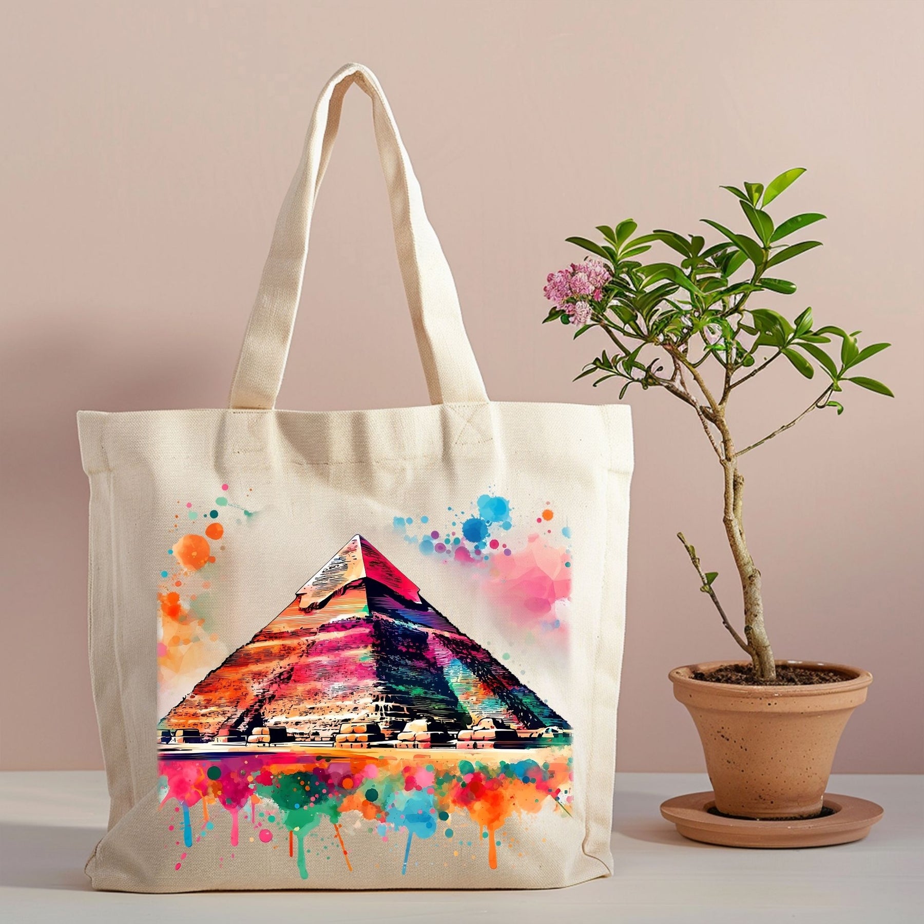 Egyptian pyramid watercolor canvas tote with colorful design