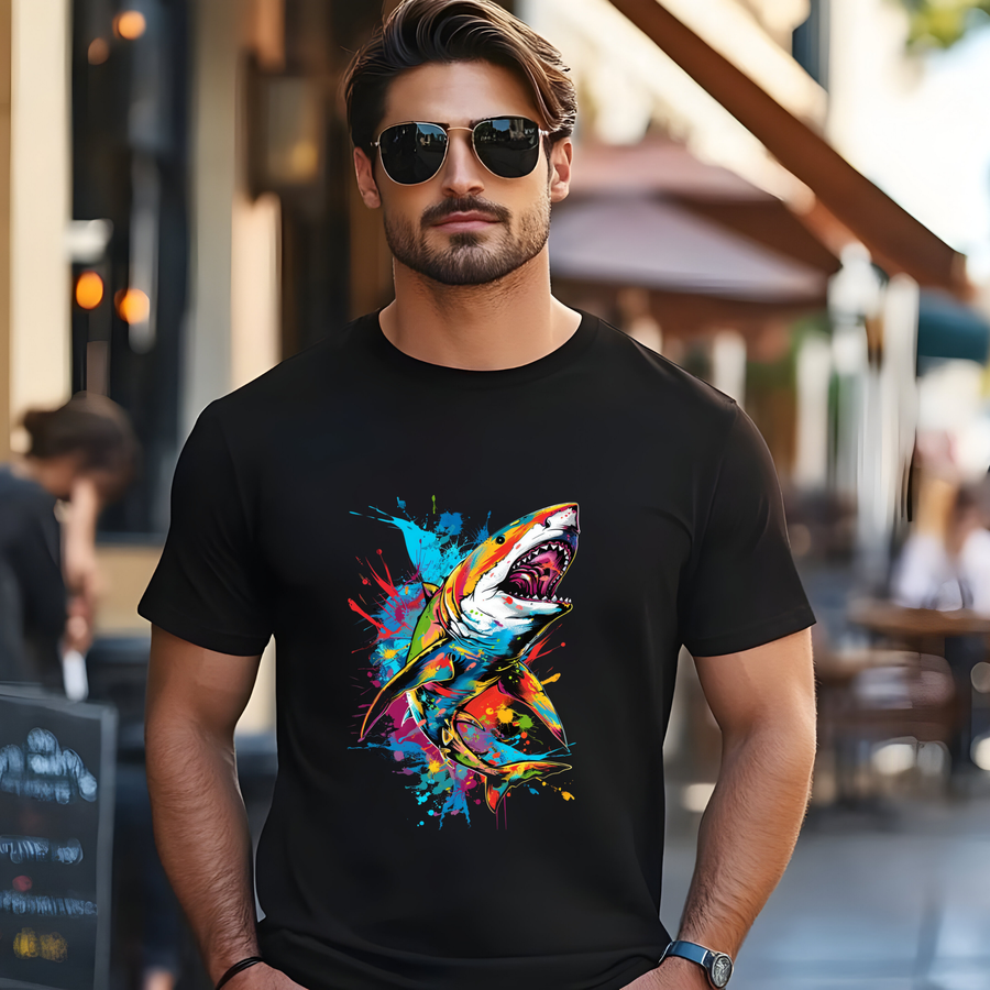 Vibrant Shark Splash T-Shirt – Bold Ocean Predator Graphic Tee