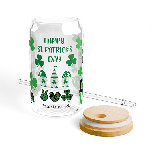 St. Patrick's Day 16oz Sipper Glass — "Feeling Lucky" Shamrock Drink Jar