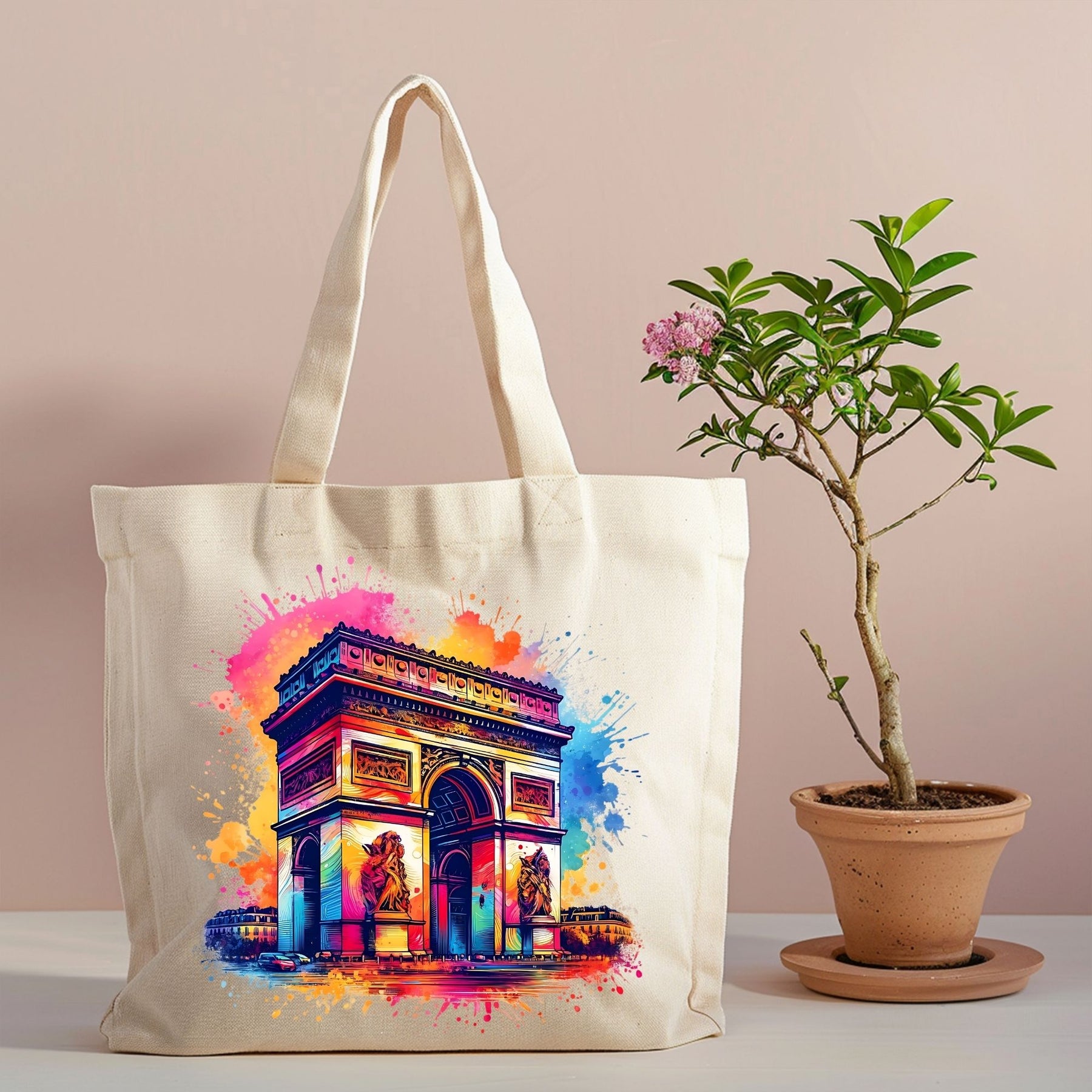 Arc de Triomphe watercolor canvas tote with Paris design