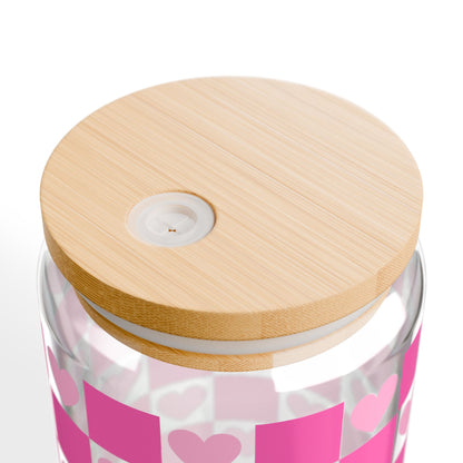 16oz Heart Checker Sipper Glass — Pink Plaid Drink Tumbler with Straw