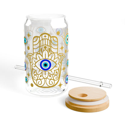 Evil Eye Hamsa Sipper Glass — 16oz Tumbler with Straw (Protective Boho Drinkware)
