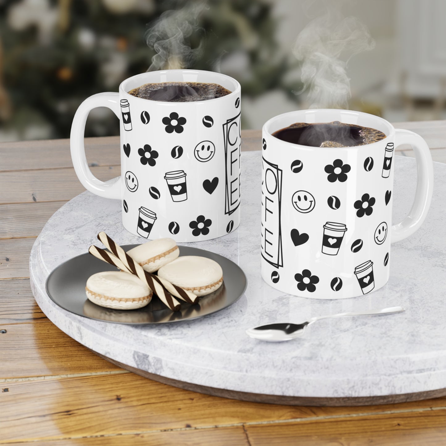 Coffee Pattern Ceramic Mug — Black & White Coffee Cups, Beans, Smiley and Flower Design (11/15oz)