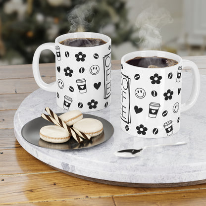 Coffee Pattern Ceramic Mug — Black & White Coffee Cups, Beans, Smiley and Flower Design (11/15oz)