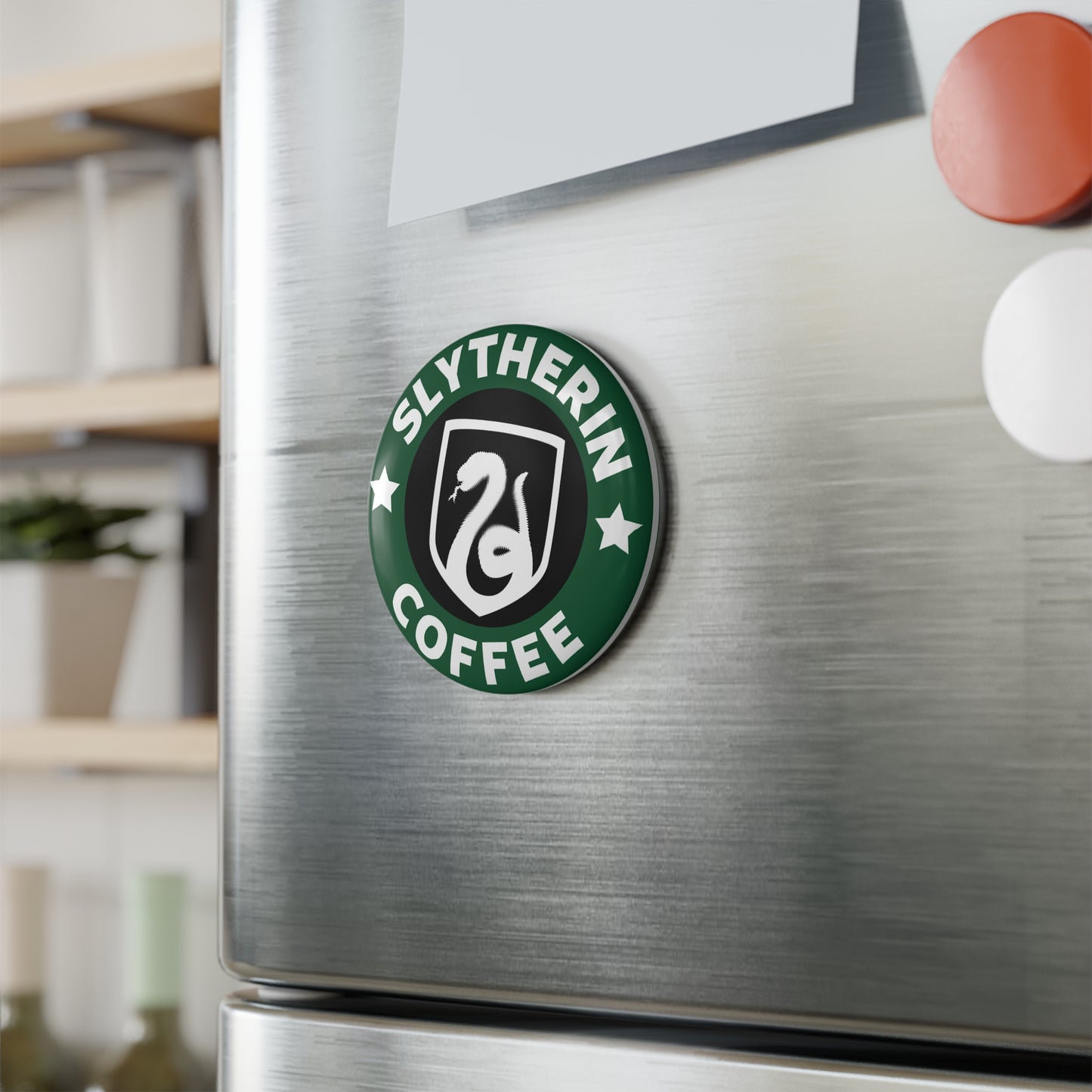 Slytherin Coffee Round Button Magnet — Wizarding House Fan Pin
