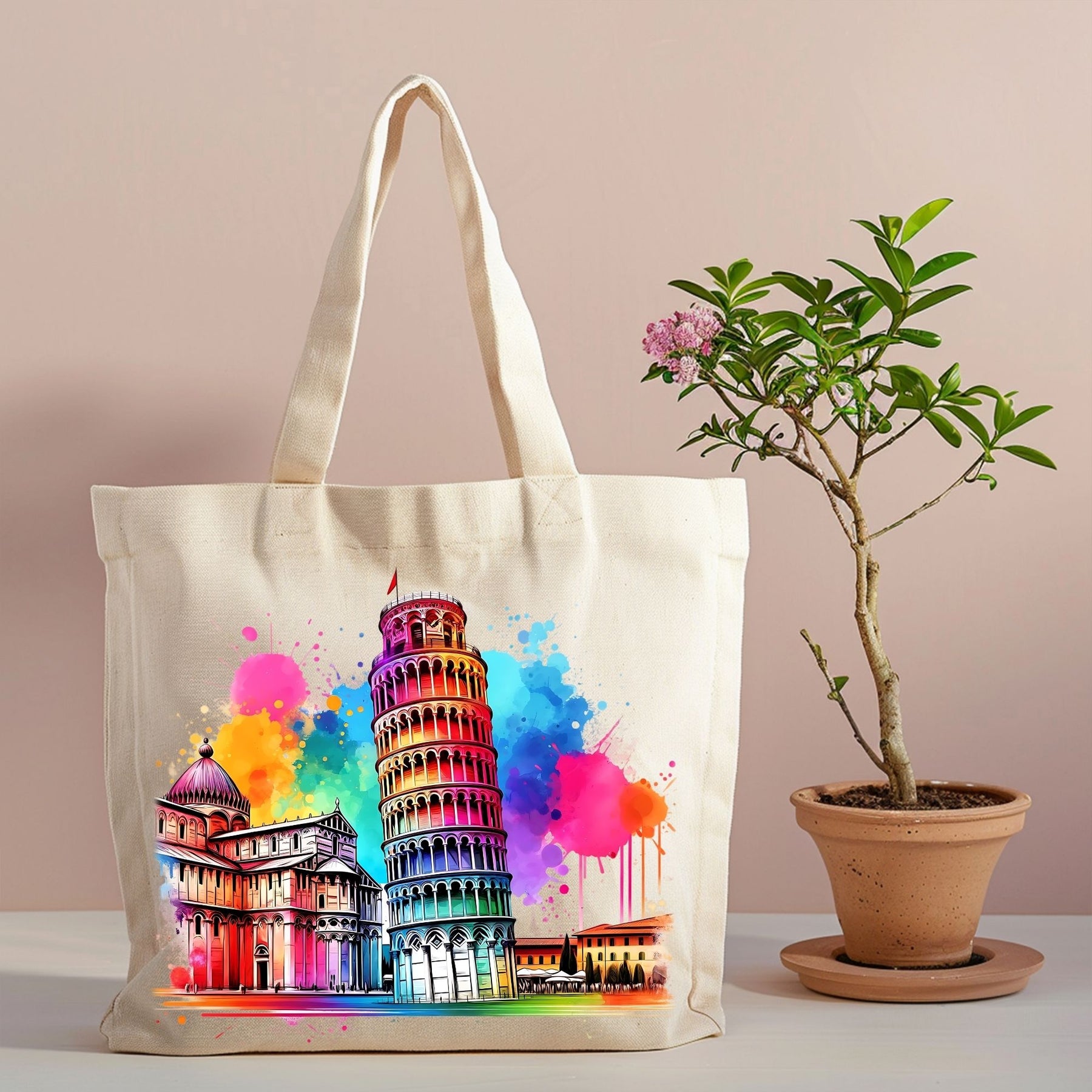 Leaning Tower of Pisa watercolor canvas tote with Italy design