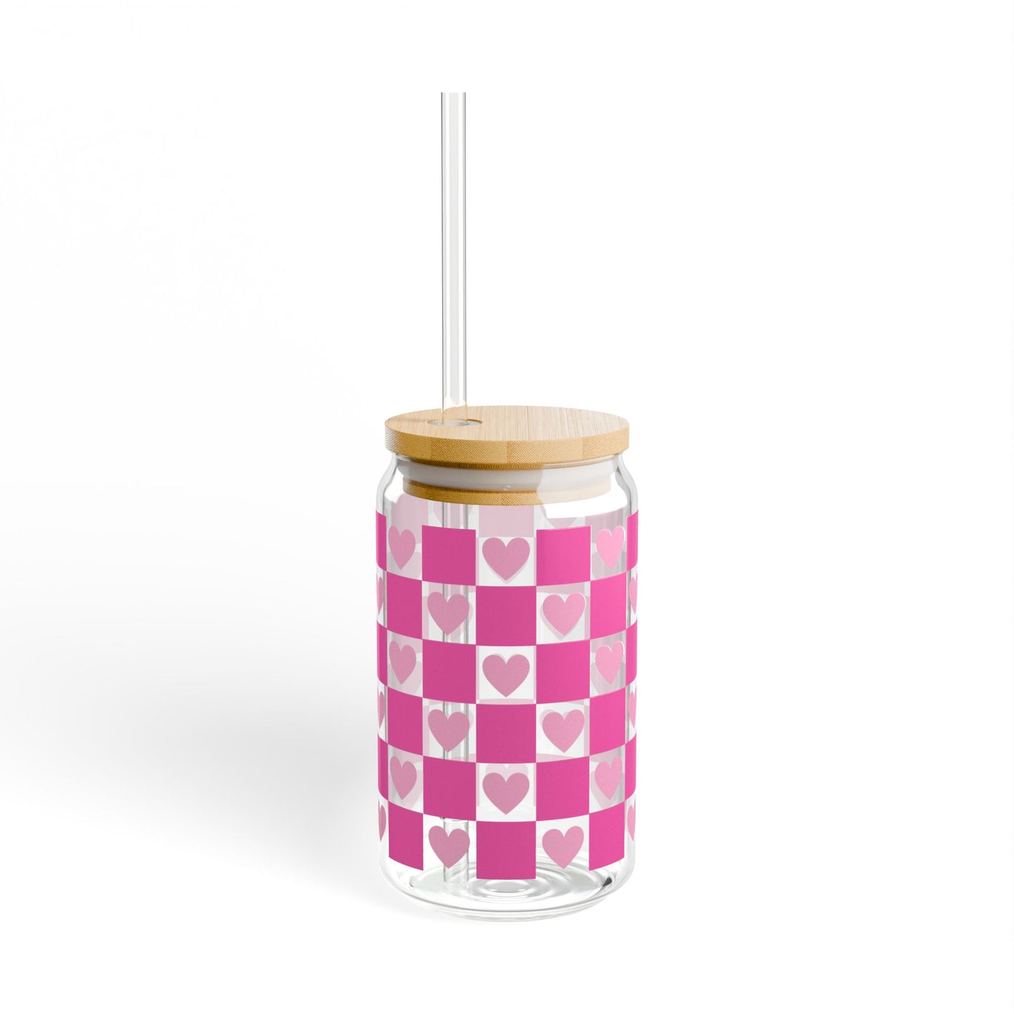 16oz Heart Checker Sipper Glass — Pink Plaid Drink Tumbler with Straw