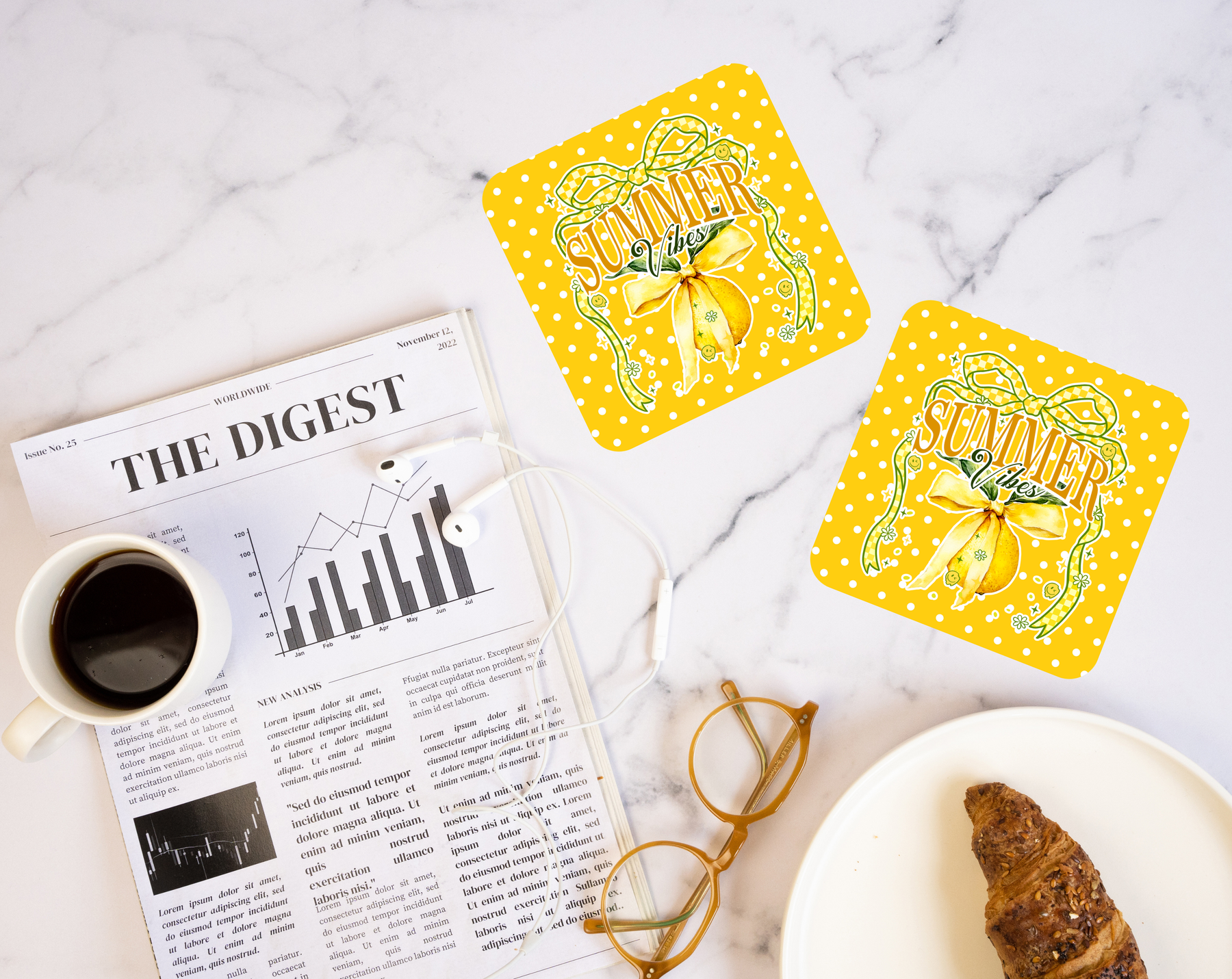 Summer Vibes lemon bow coaster with bright citrus design