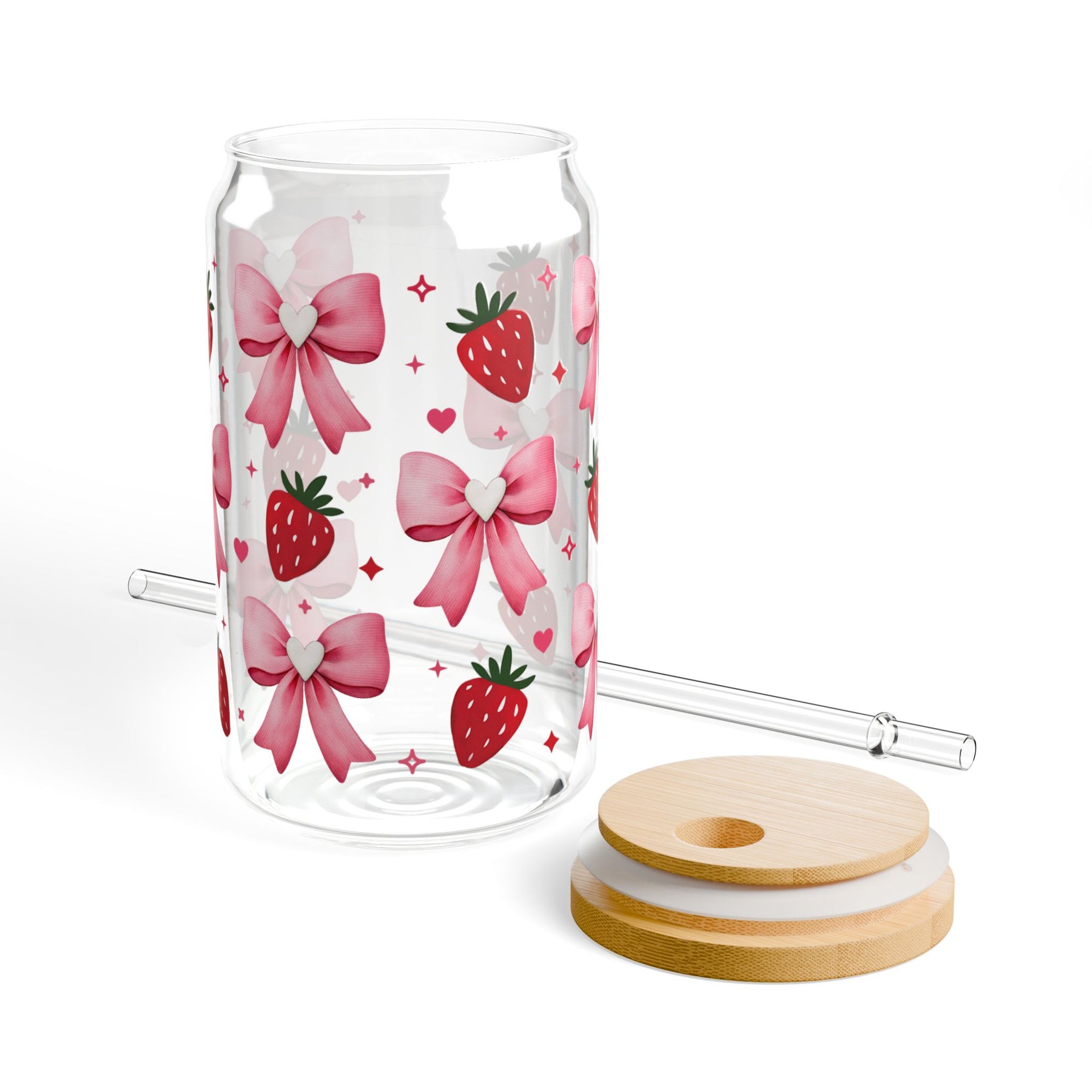 Pink Bows & Strawberries 16oz glass can product view