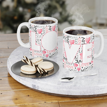 LOVE Pattern Ceramic Mug — Pink Heart Typography Coffee Cup