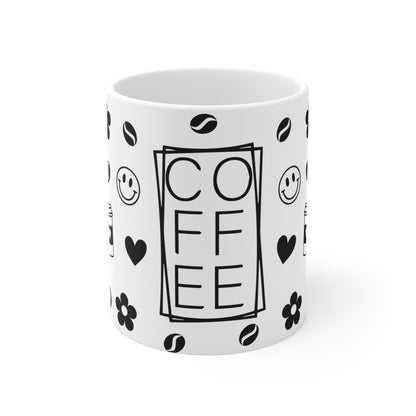 Coffee Pattern Ceramic Mug — Black & White Coffee Cups, Beans, Smiley and Flower Design (11/15oz)