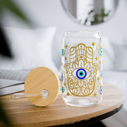 Evil Eye Hamsa Sipper Glass — 16oz Tumbler with Straw (Protective Boho Drinkware)