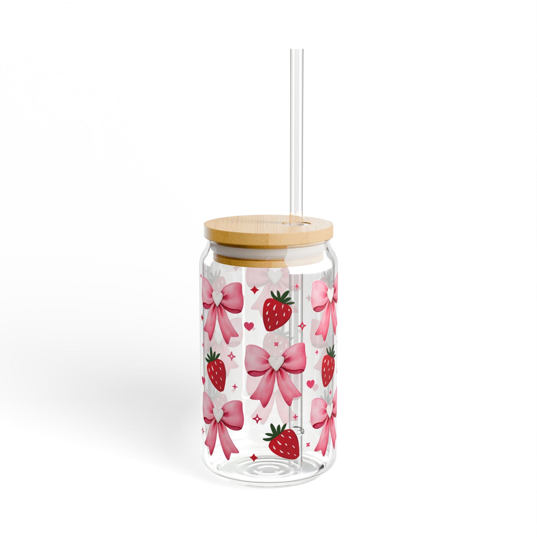 Pink Bows & Strawberries 16oz glass can close-up
