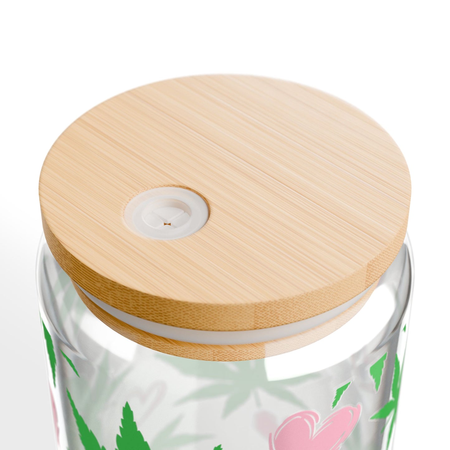 16oz Glass Sipper Tumbler — Green Cannabis Leaf & Pink Hearts Straw Cup