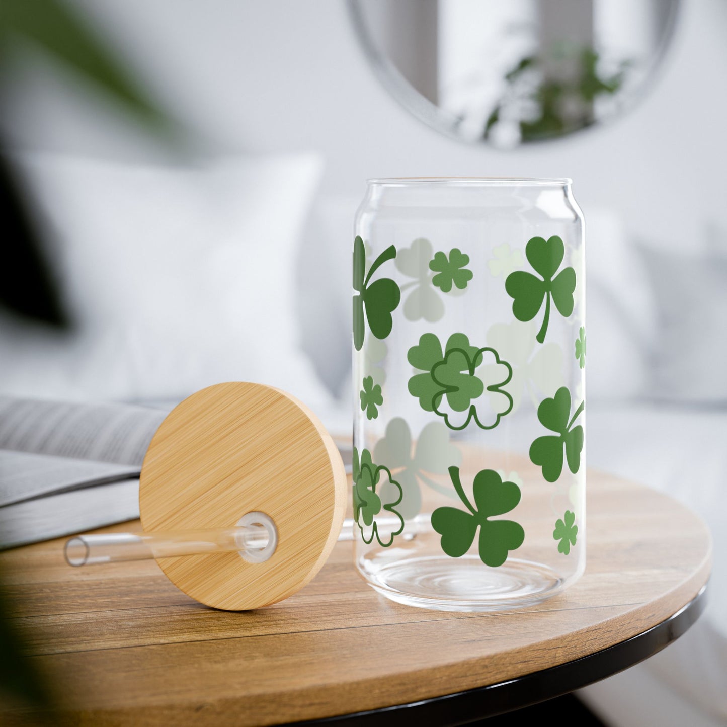 16oz Clover Sipper Glass — St. Patrick’s Day Shamrock Drink Jar