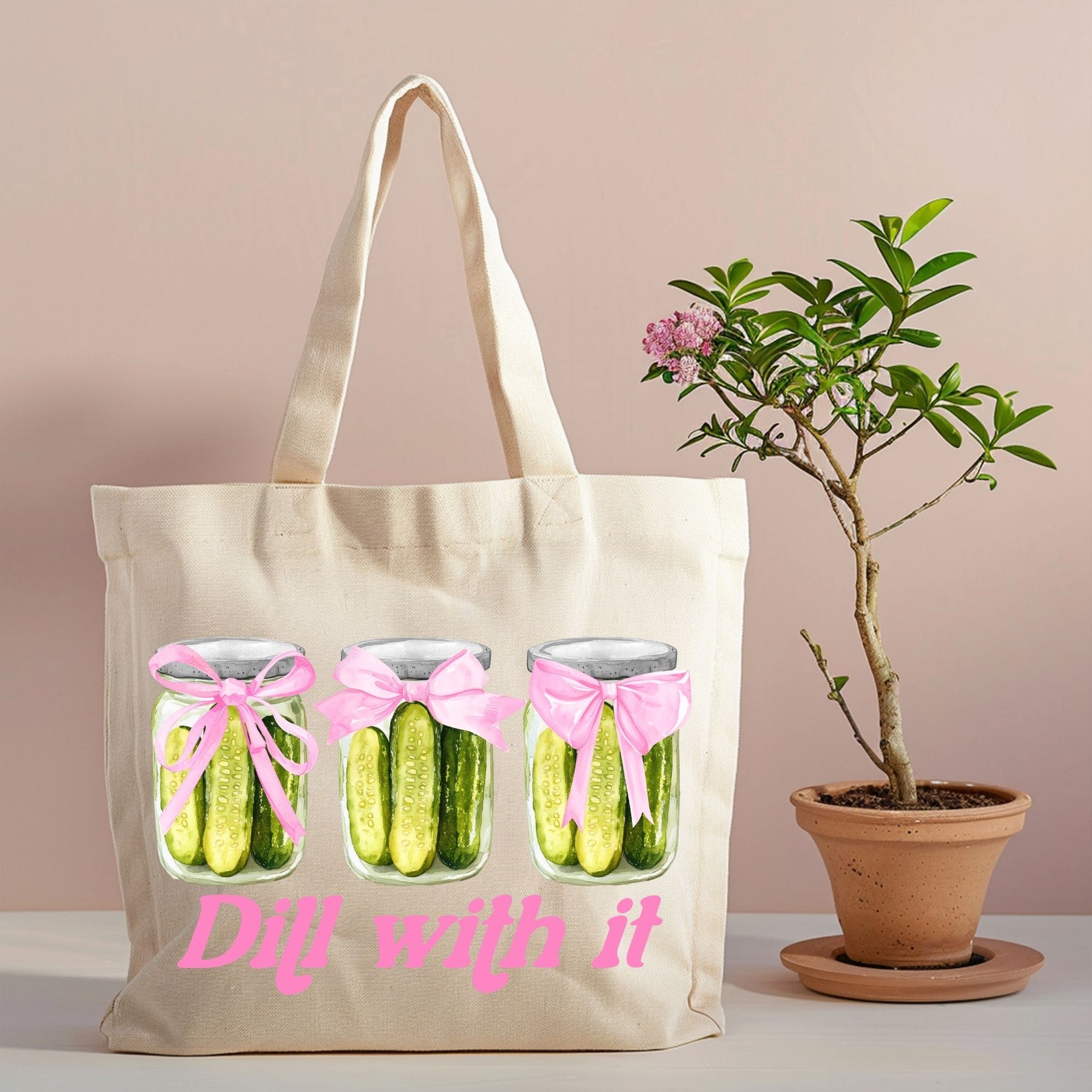 Dill With It pickle jar canvas tote with pink bows