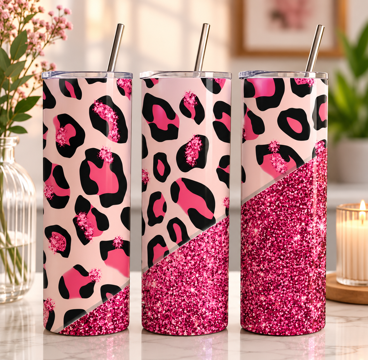 Pink Leopard Print Glitter 20oz Skinny Tumbler