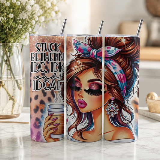 Stuck Between IDC, IDK & IDGAF 20oz Skinny Tumbler