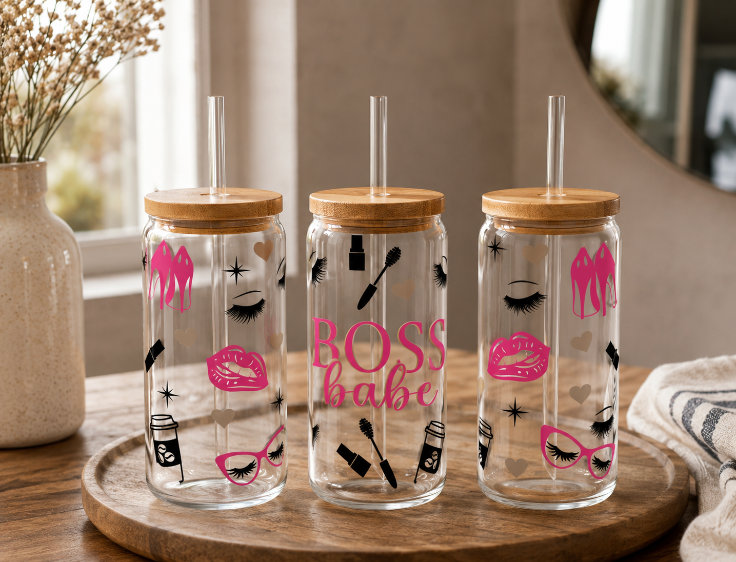 Boss Babe 16oz glass can with bamboo lid and glass straw