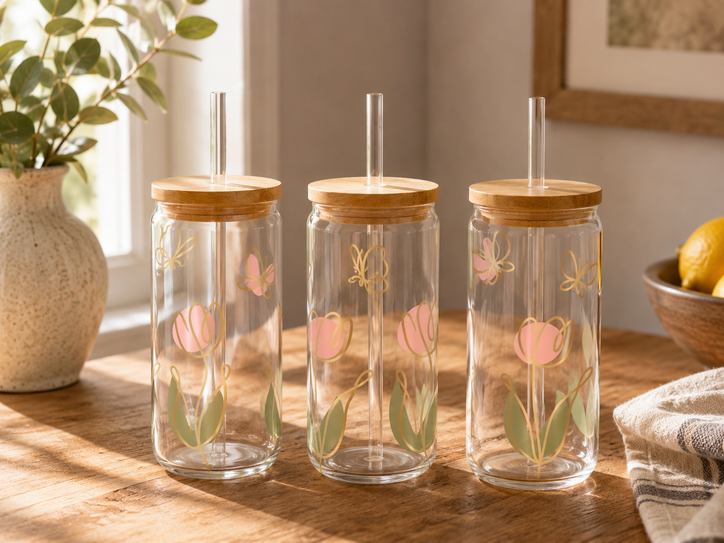 Pink Tulip & Butterfly 16oz glass can with floral design