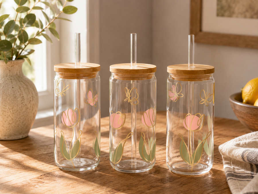 Pink Tulip & Butterfly Glass Can with Bamboo Lid & Glass Straw